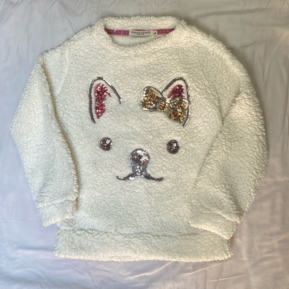 SOLD Frenchie Sherpa Sweater, size lg.